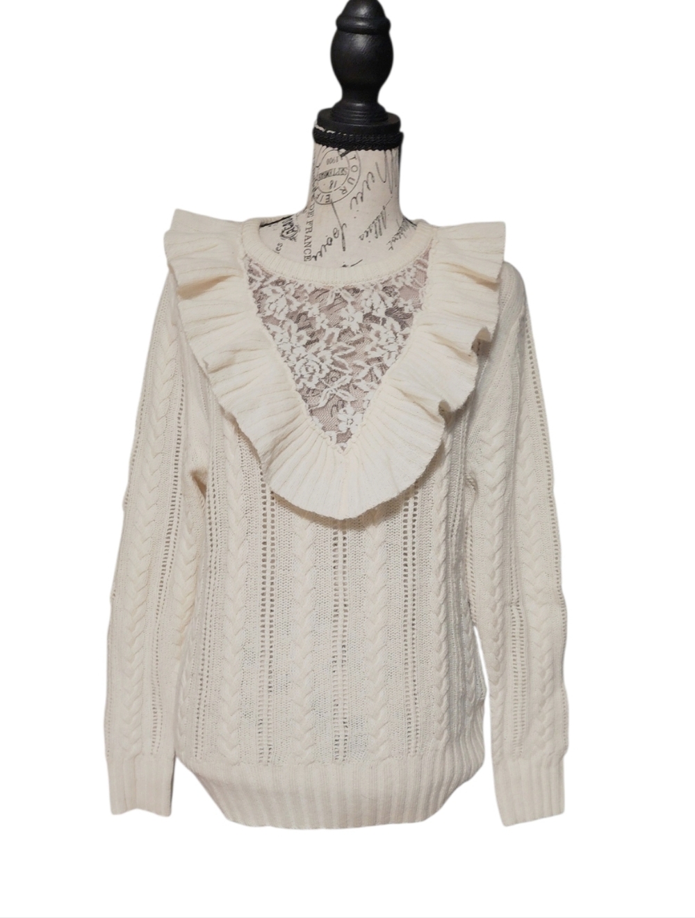 Nightcap Clothing Ruffle Lace Front Cable Knit Sweater, Size 2